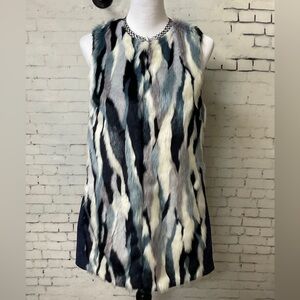 T Tahari Faux Fur Blue White Long Vest Hook Front Jacket Warm Sz SP EUC H1